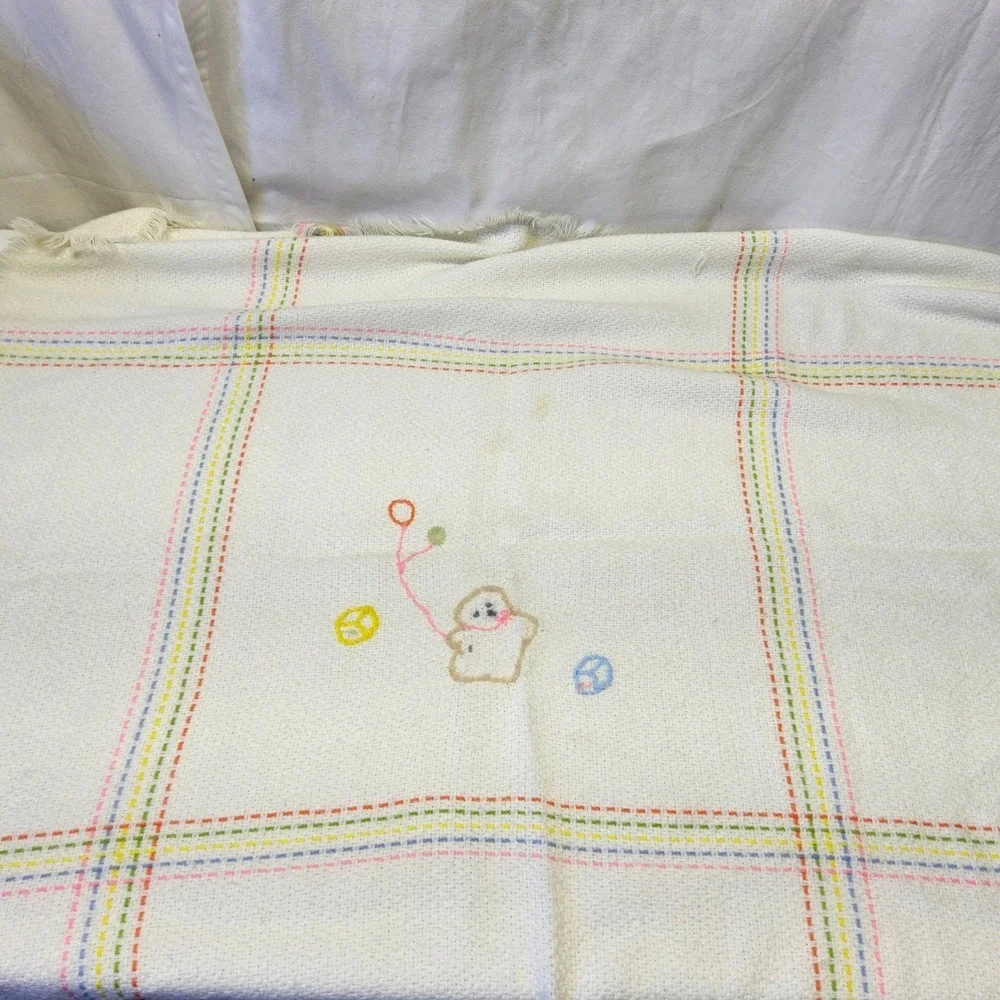 The Three Weavers Baby Blanket Kids OS White Vintage‎ Handwoven Orlon Bear Plaid