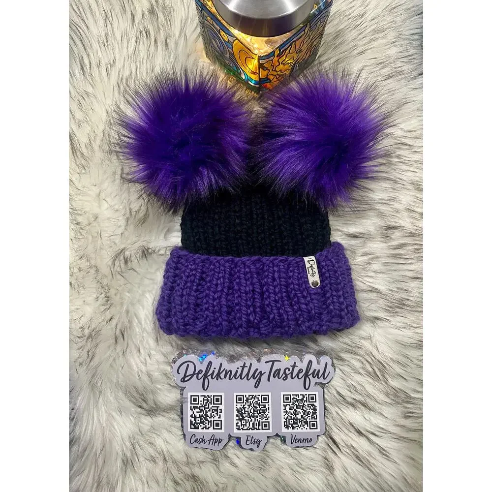 Hand Knit Beanie with Double Faux Fur Poms - Adult Winter Hat