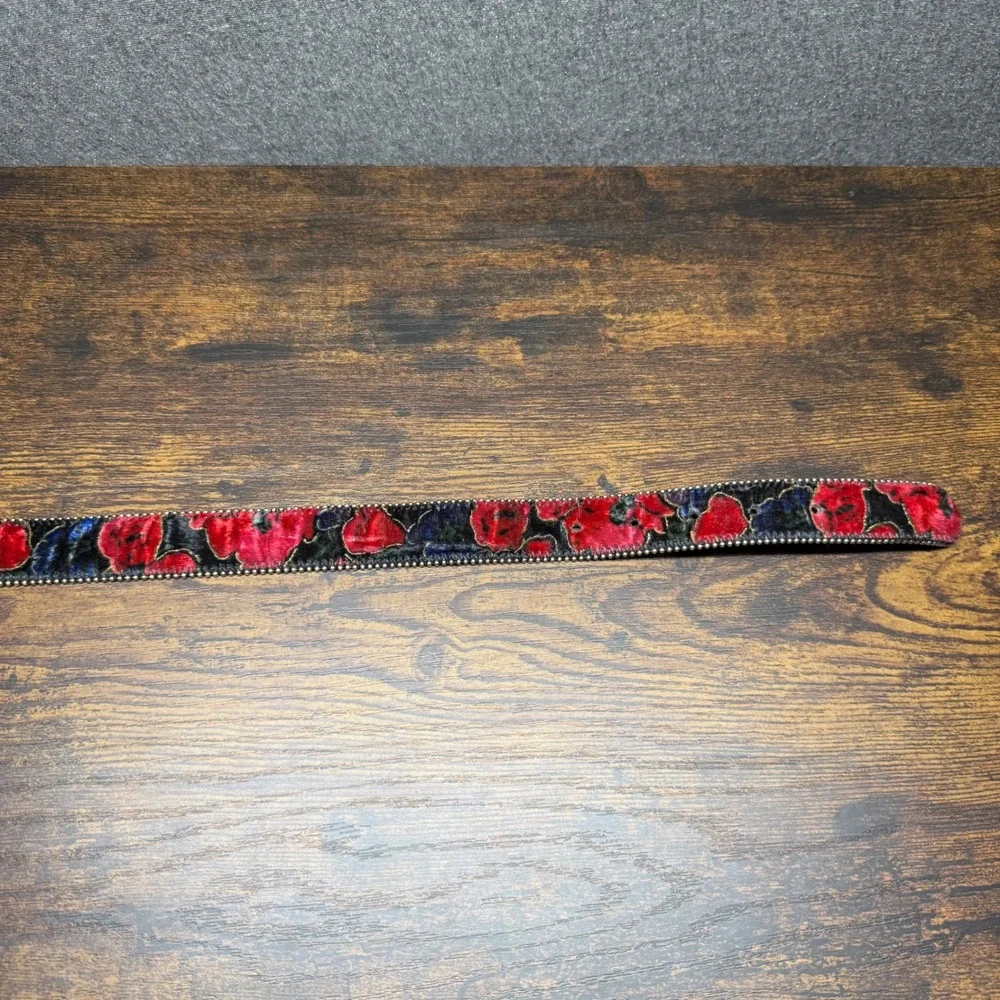Vintage Floral Velvet Belt Womens Medium Large Red Blue Gold Buckle Studded Trim