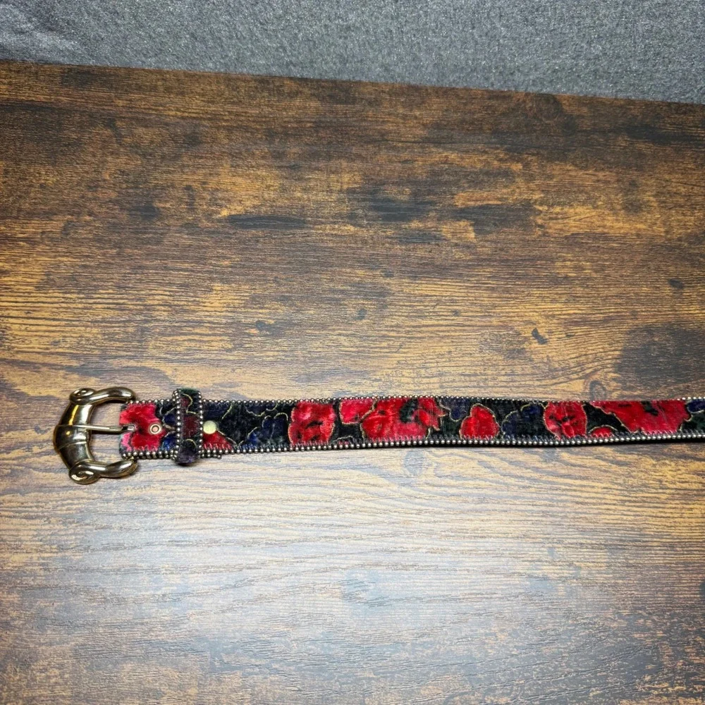 Vintage Floral Velvet Belt Womens Medium Large Red Blue Gold Buckle Studded Trim