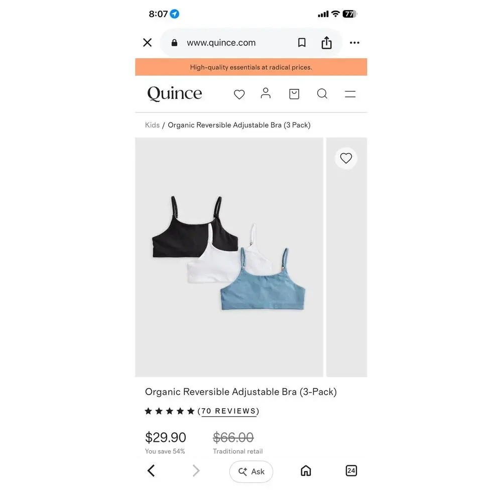 NWT Quince | Kid’s Size 6 | Organic Reversible Adjustable Bra (3-Pack)