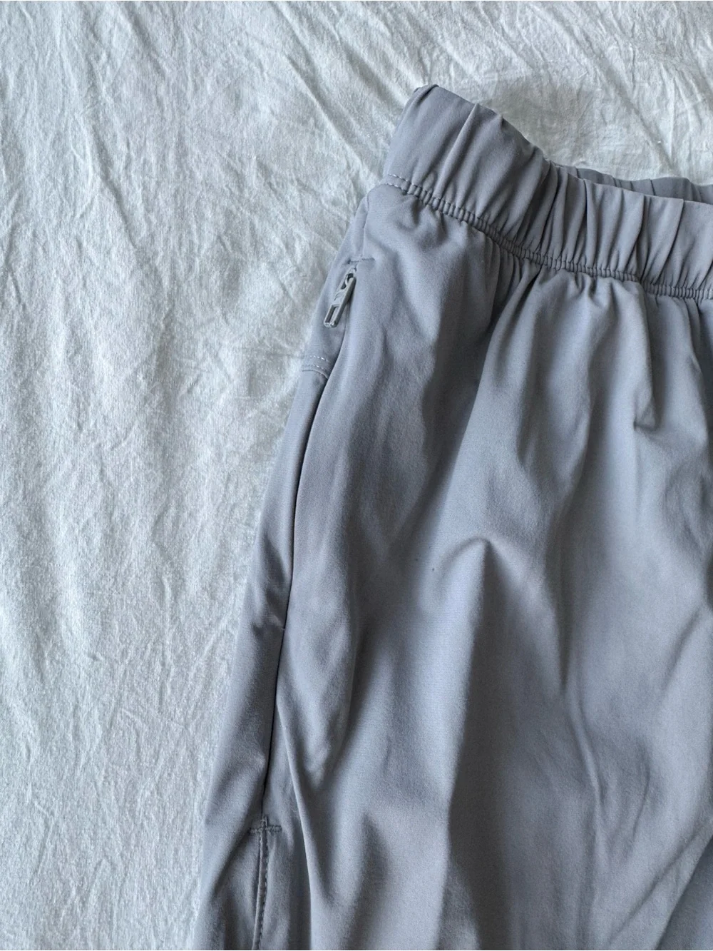 Fabletics Men's Light Gray Athletic Shorts with Navy Drawstring