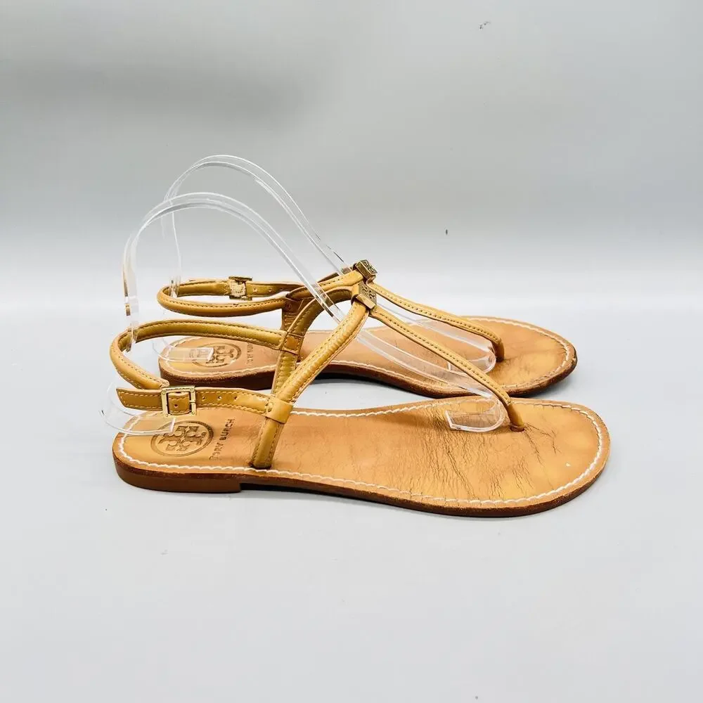 Tory Burch Sandals Womens 7 Beige Leather Thong Ankle Strap Logo Flat Shoes