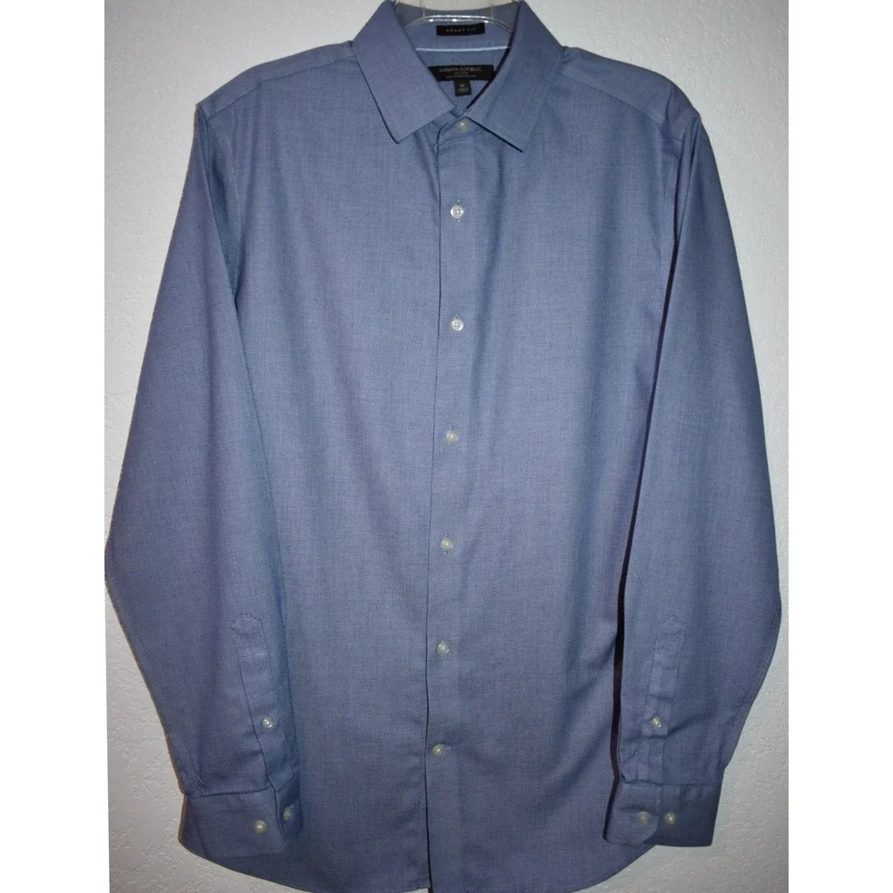 Banana Republic Grant Fit Blue Non-Iron Cotton Stretch Dress Shirt Medium Mens