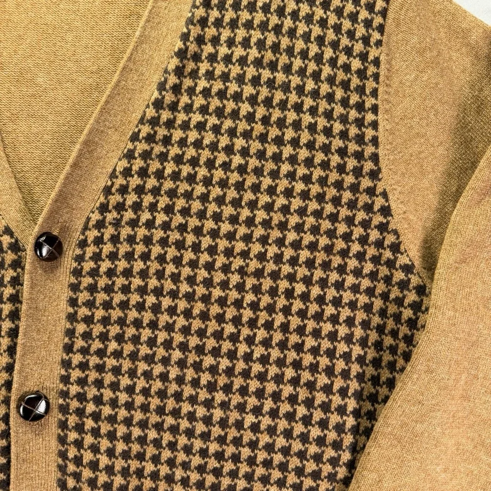 LL Bean Cardigan Sweater Mens Large Brown Houndstooth Lambswool Grandpa Preppy
