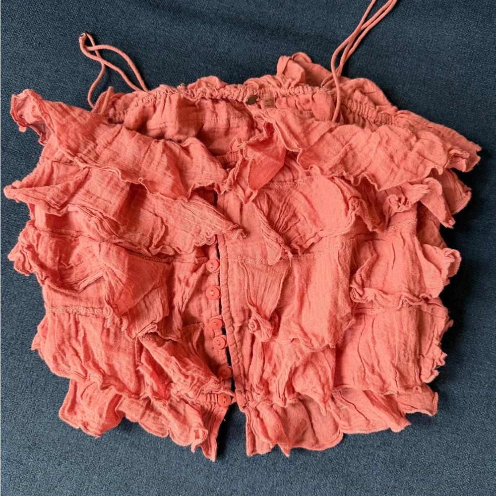 Free People Coral Ruffle Button-Front Crop Top