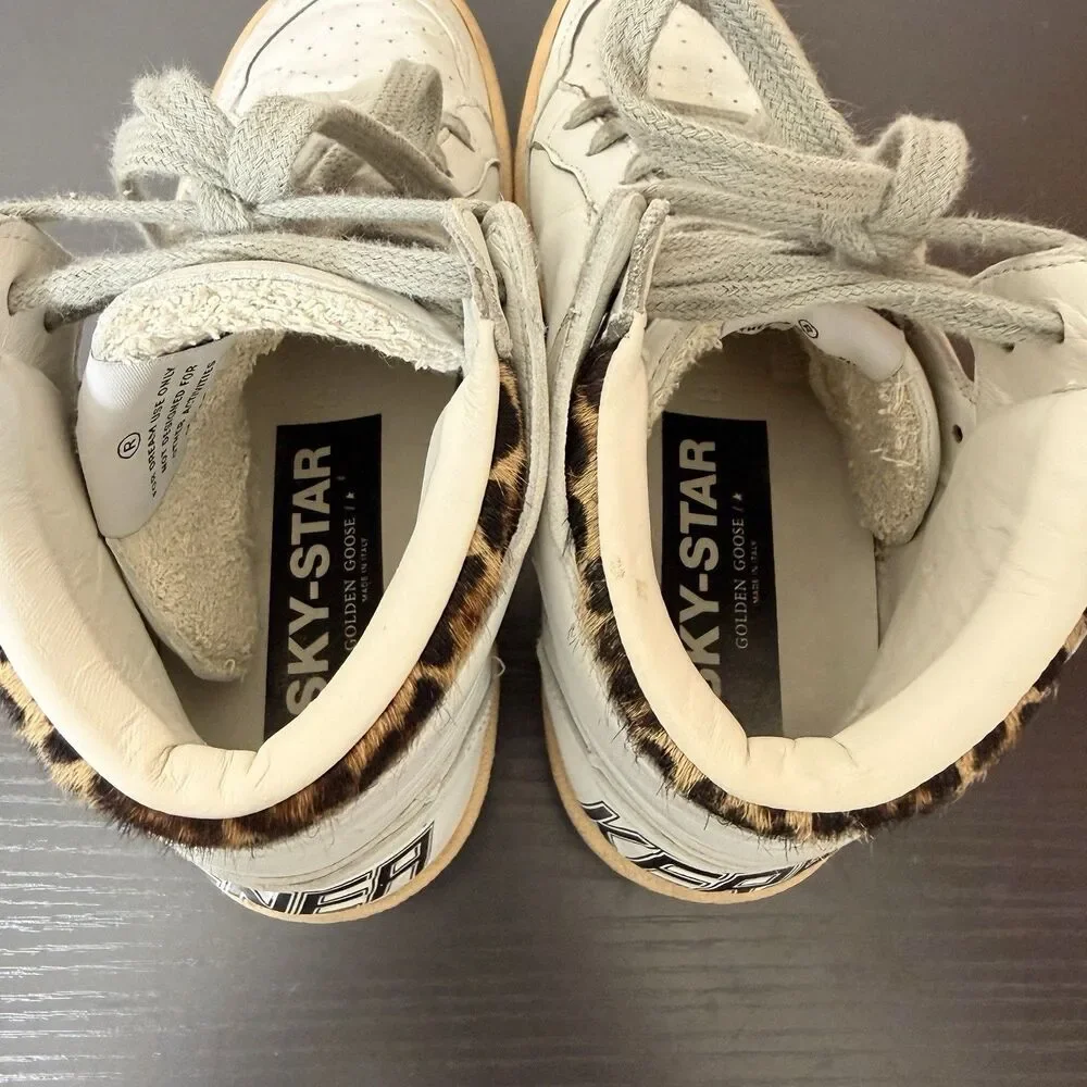 Golden Goose High Top Sneakers Womens Sz 38 Sky Star Signature Pony Hair Leopard