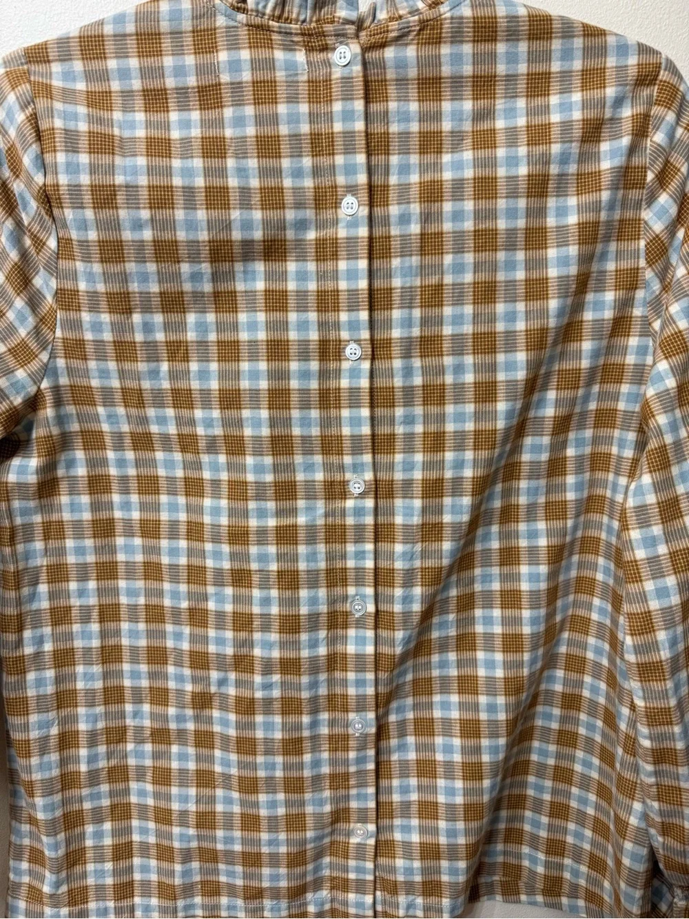 DOEN S Plaid Ruffle Neck Blouse Back Buttons Gathered Sleeves Whimsical Prairie