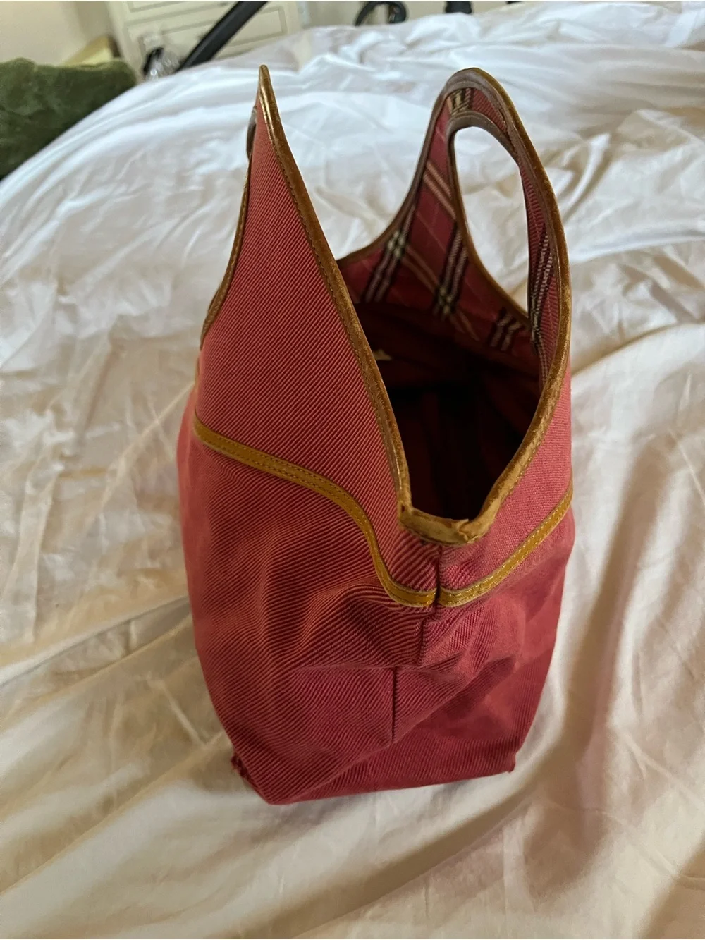 Burberry Blue Label Pink Nova Check Canvas Pink Tote with tan leather handles