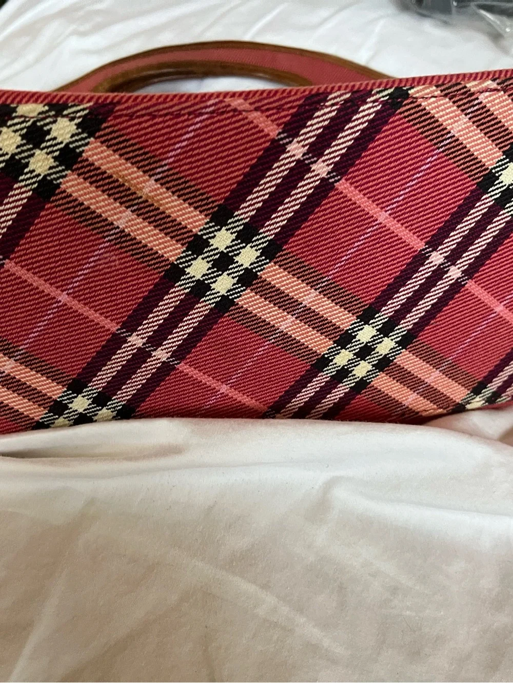 Burberry Blue Label Pink Nova Check Canvas Pink Tote with tan leather handles