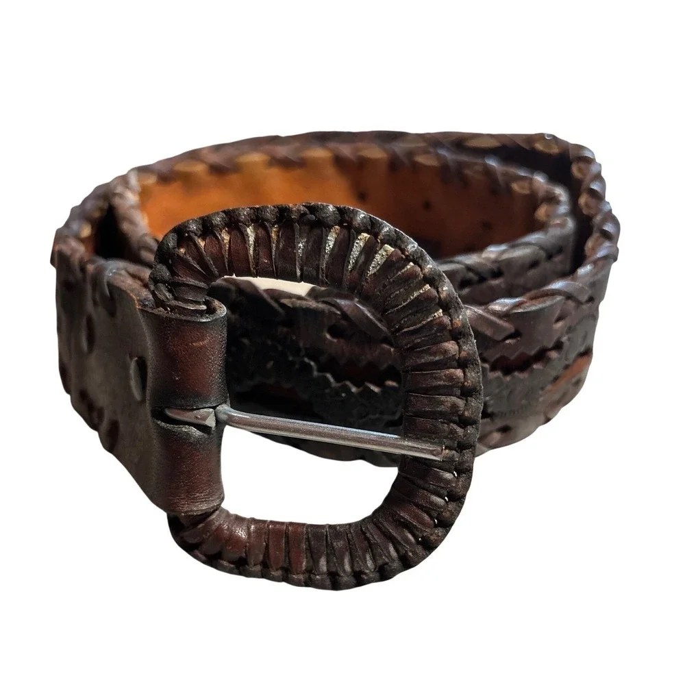 Vintage Dark Brown Leather Whipstitch Embossed Belt Leather Wrapped‎ Buckle