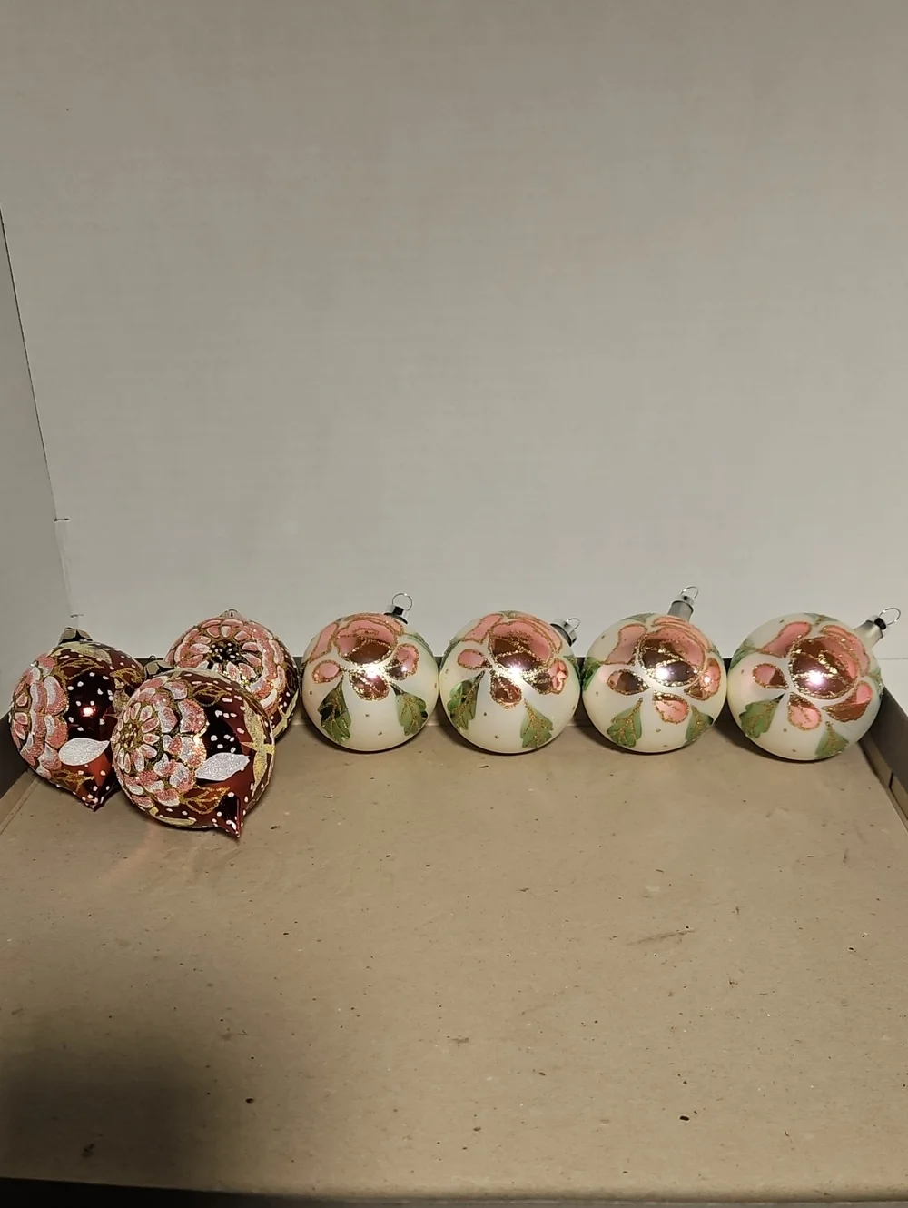 Hand-Painted Pink Floral Glass Christmas Ornaments - Mixed Set of 7
