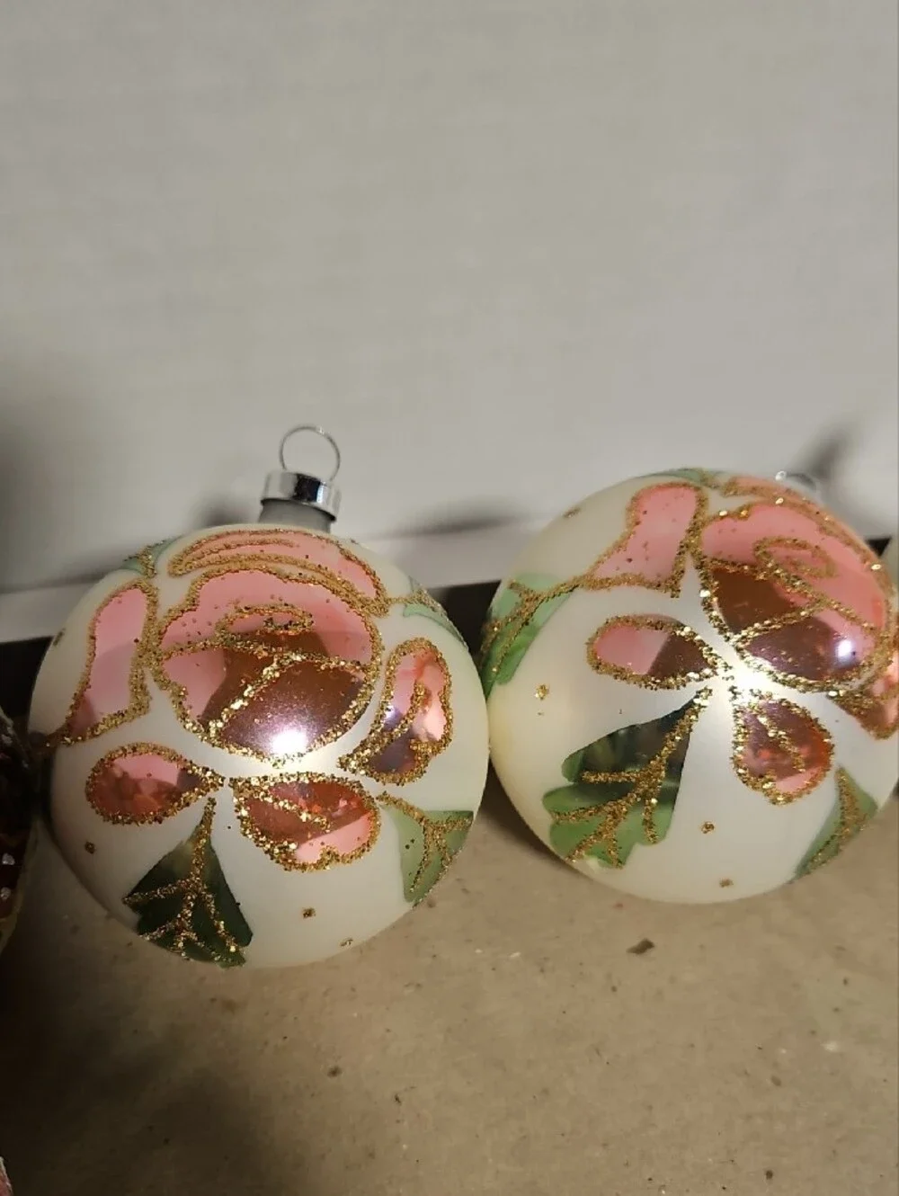 Hand-Painted Pink Floral Glass Christmas Ornaments - Mixed Set of 7