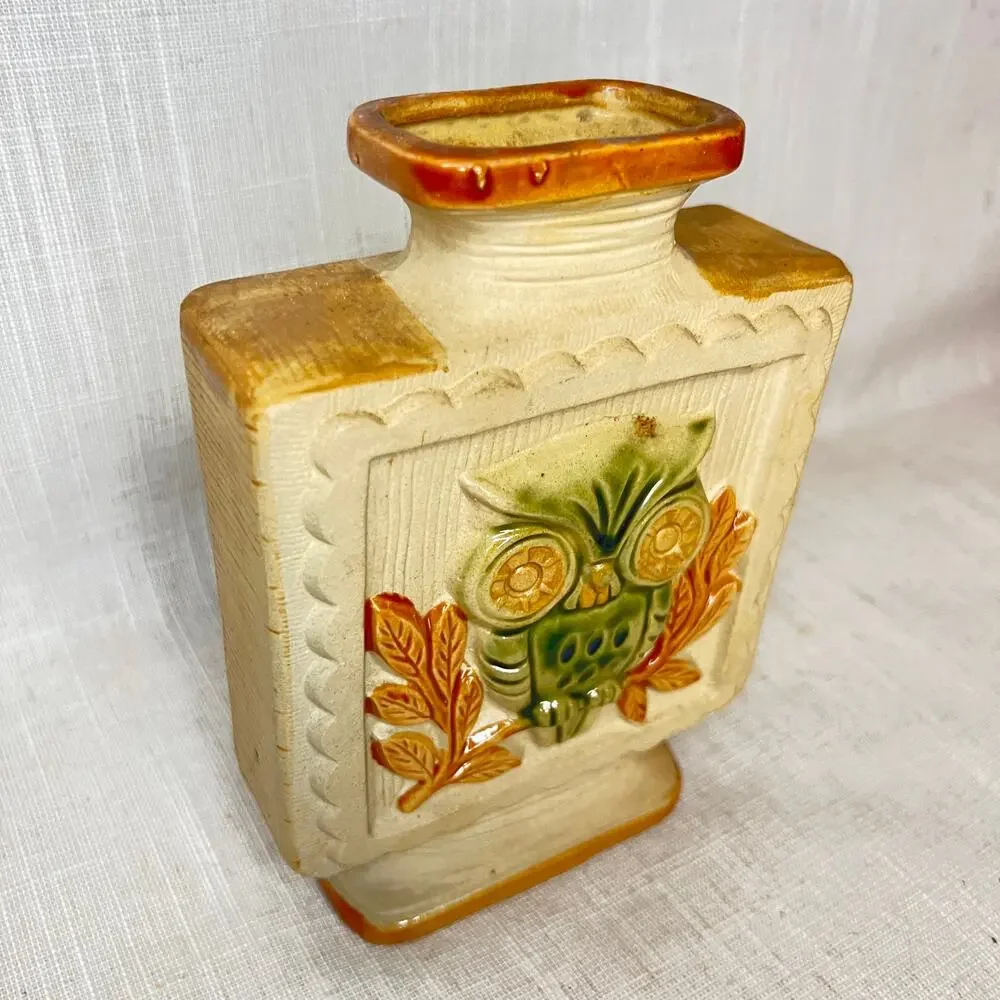 Vintage 70s Owl Vase Square Boho Green Cream Tan Glaze 7 Inches Tall Bohemian