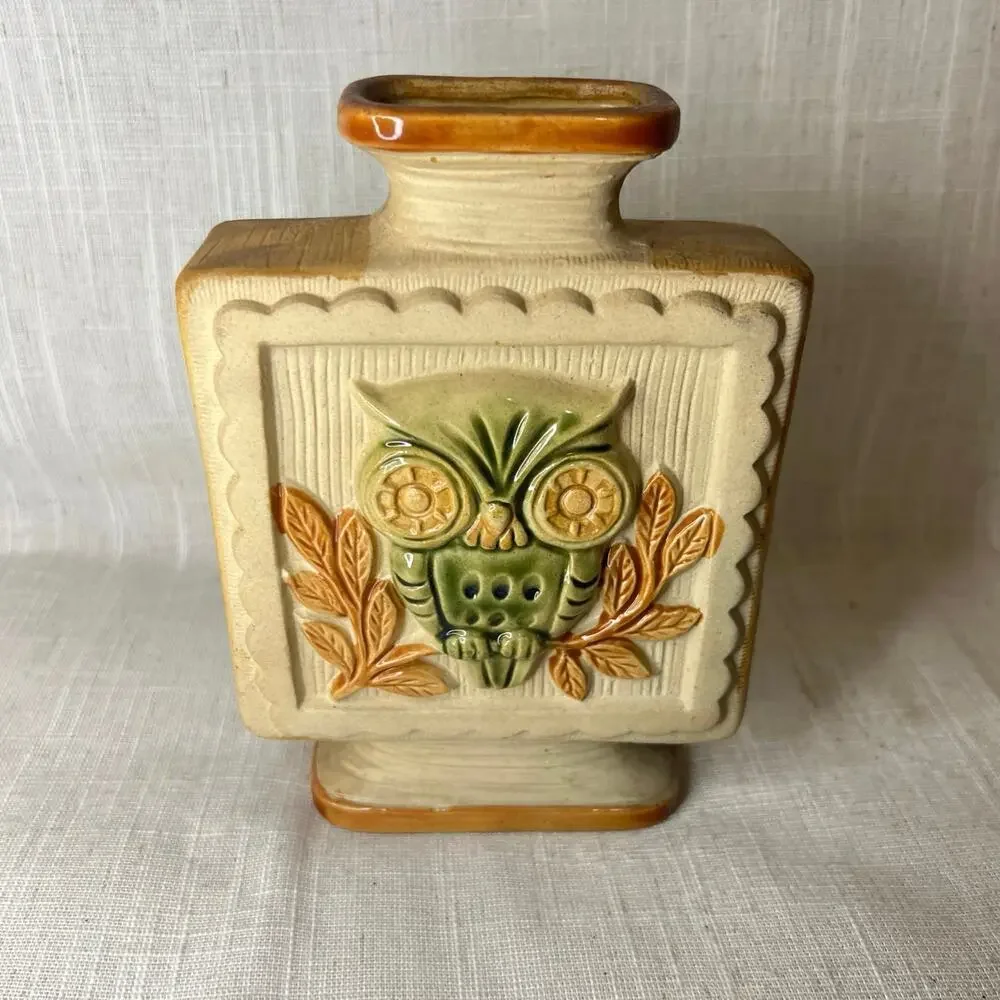 Vintage 70s Owl Vase Square Boho Green Cream Tan Glaze 7 Inches Tall Bohemian