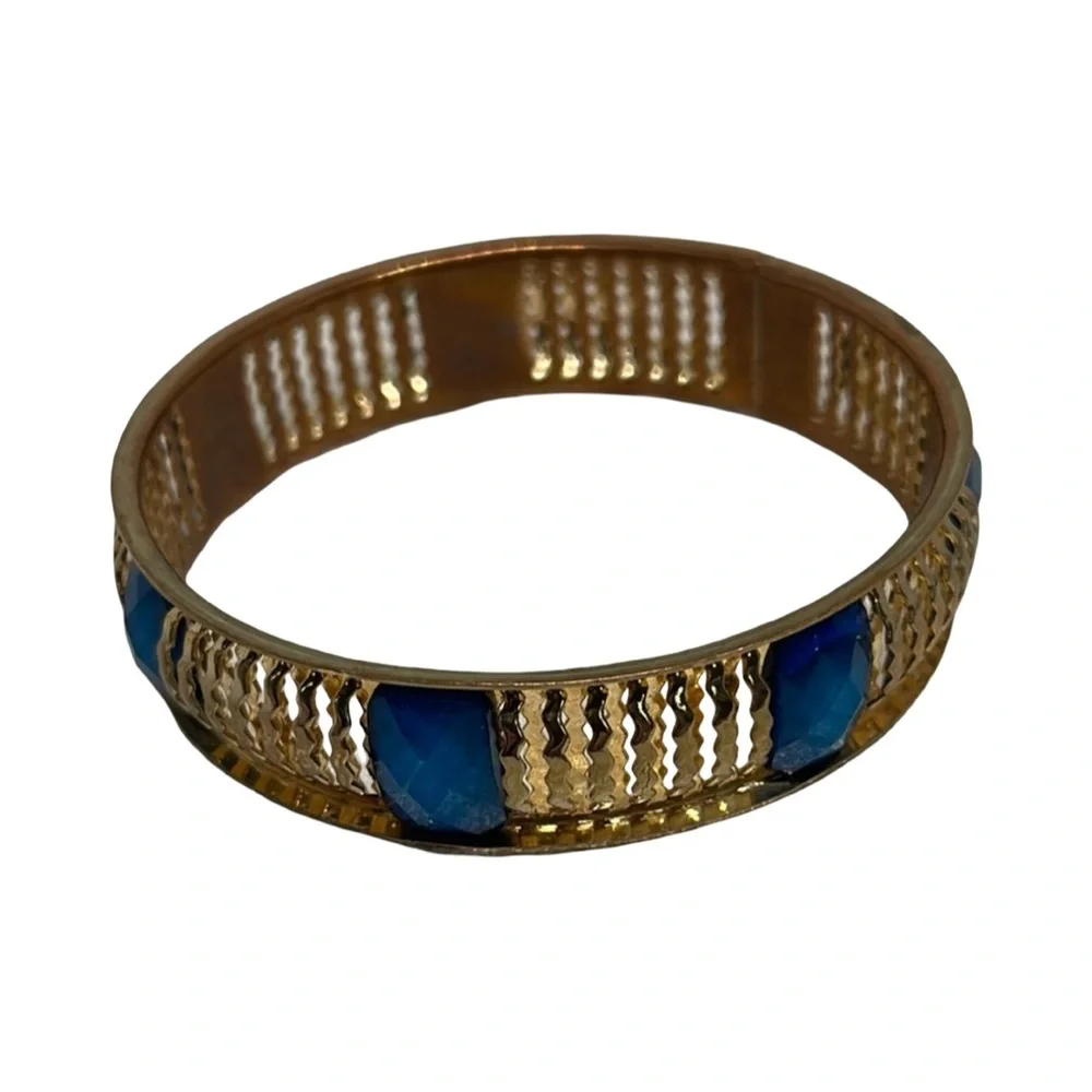 Goldtone and faceted Blue Bangle Bracelet