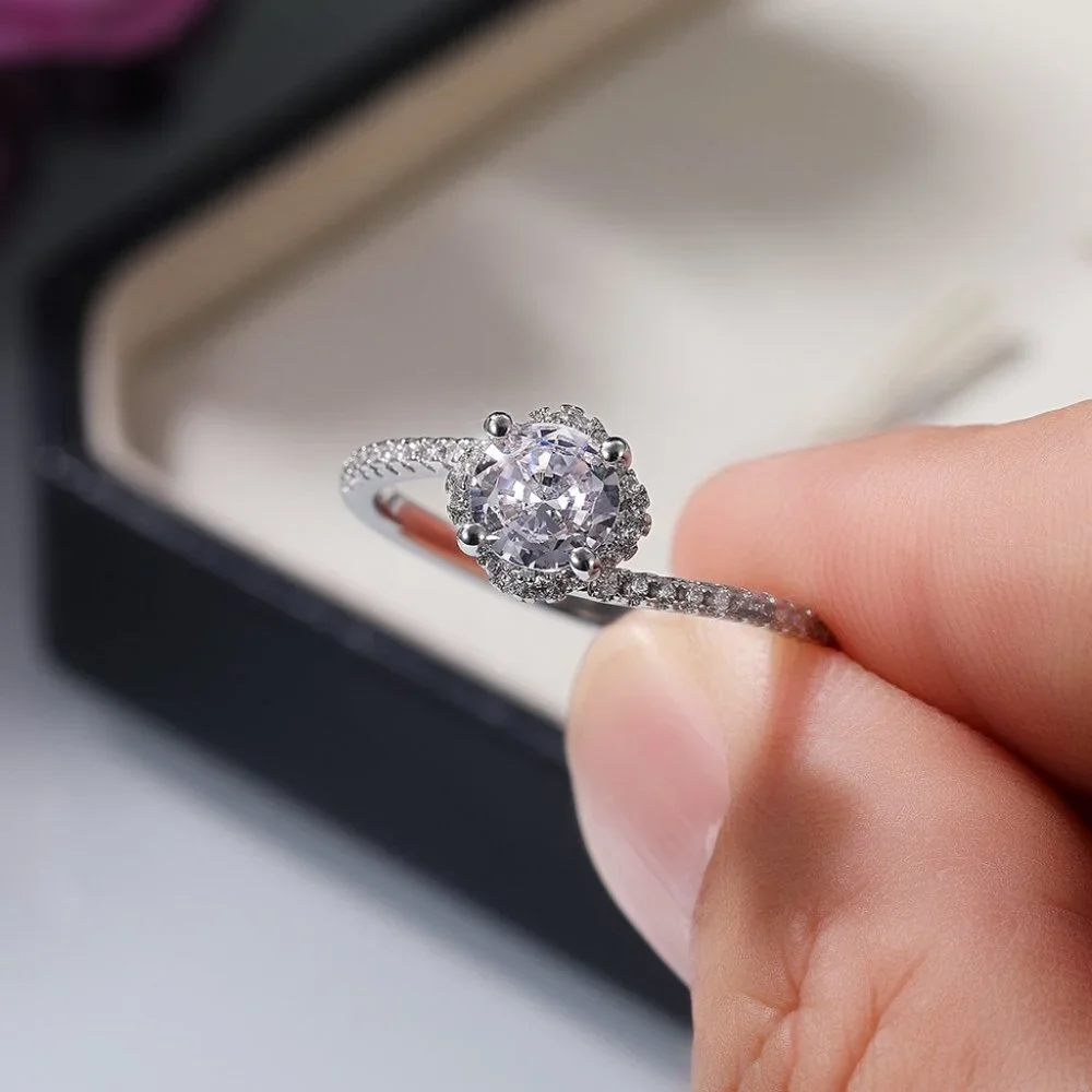 😍Beautiful CZ Diamond Twisted Macro Pave Silver Pure Flower Wedding Ring, K844