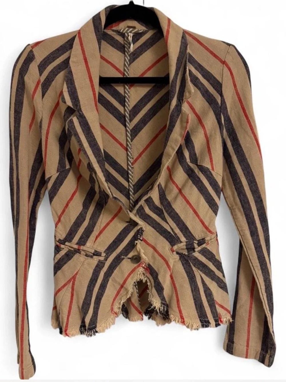 Free People Striped Tan Navy & Red Frayed Hem Blazer