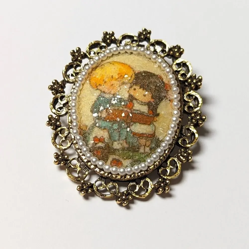 Vintage 1960s Gold Tone Filigree Sugared Oval Children Reading Librarian Brooch