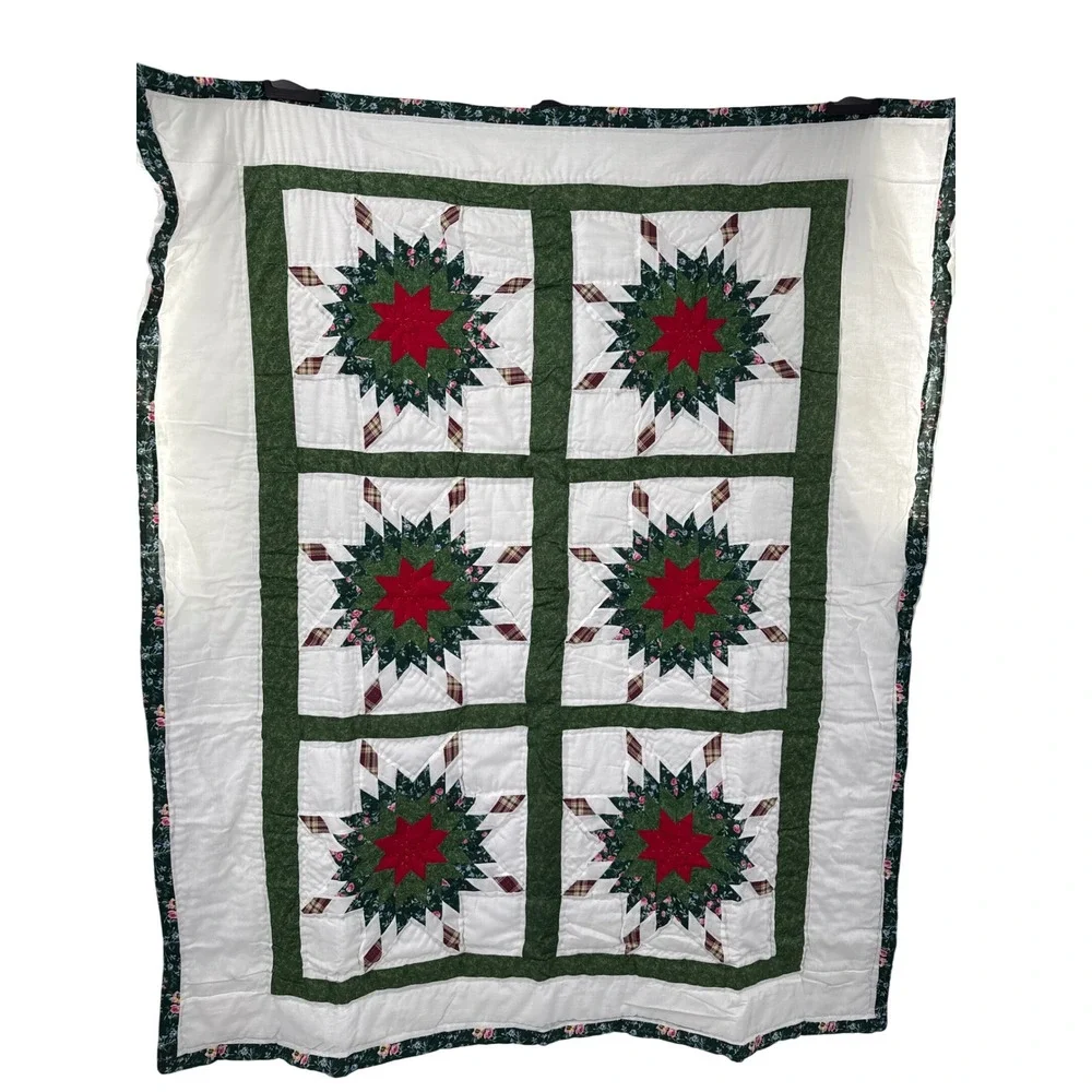 Unbranded Quilt Green Star Patchwork Floral Plaid Christmas Decor 51