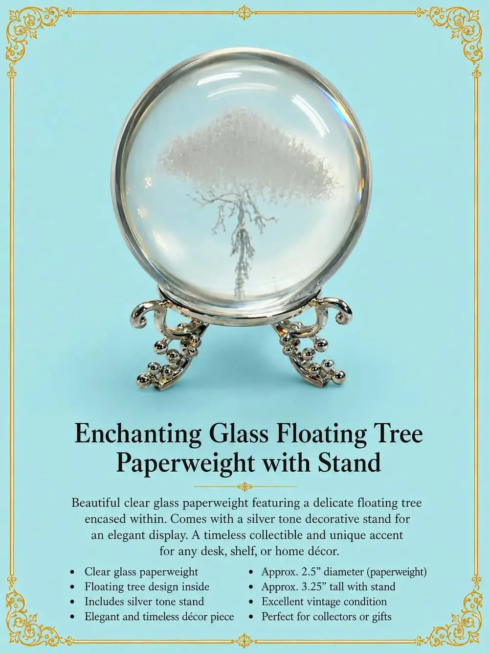 3D Laser-Engraved Tree of Life Glass Paperweight with Silver Tone Stand