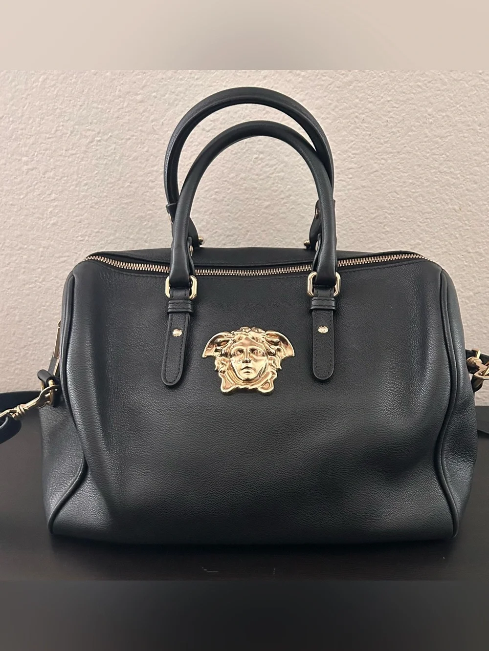 Versace Black Medusa Leather Boston Bag