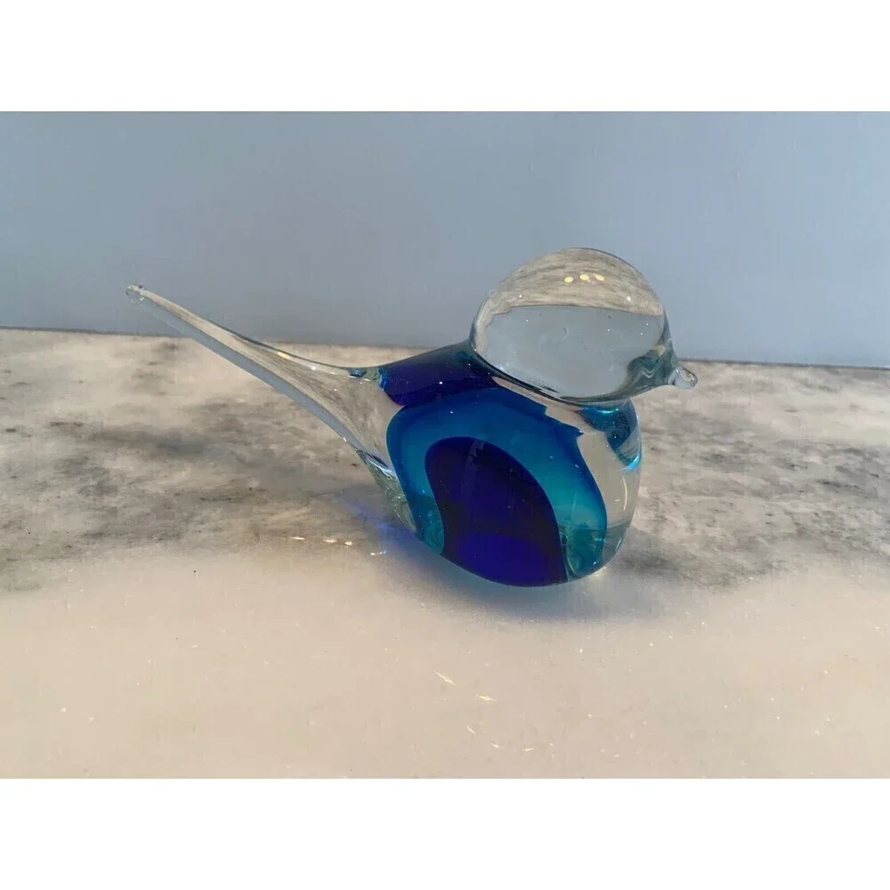 Art Glass Bluebird Figurine Paperweight Clear Outside Blue And Black Inside