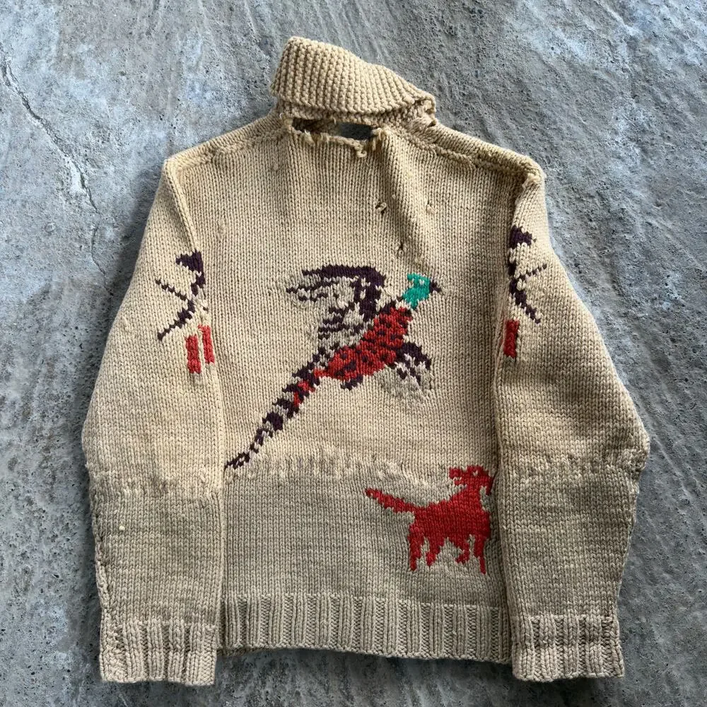 Vtg Pheasant Hunter & Bird Dog Cowichan Sweater Jacket Zip Thrashed Shooting XL