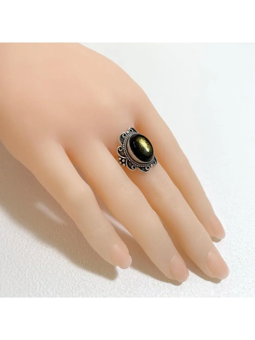 Vintage Black Obsidian Flower Ring for Women | S925 Sterling Silver Bohemian