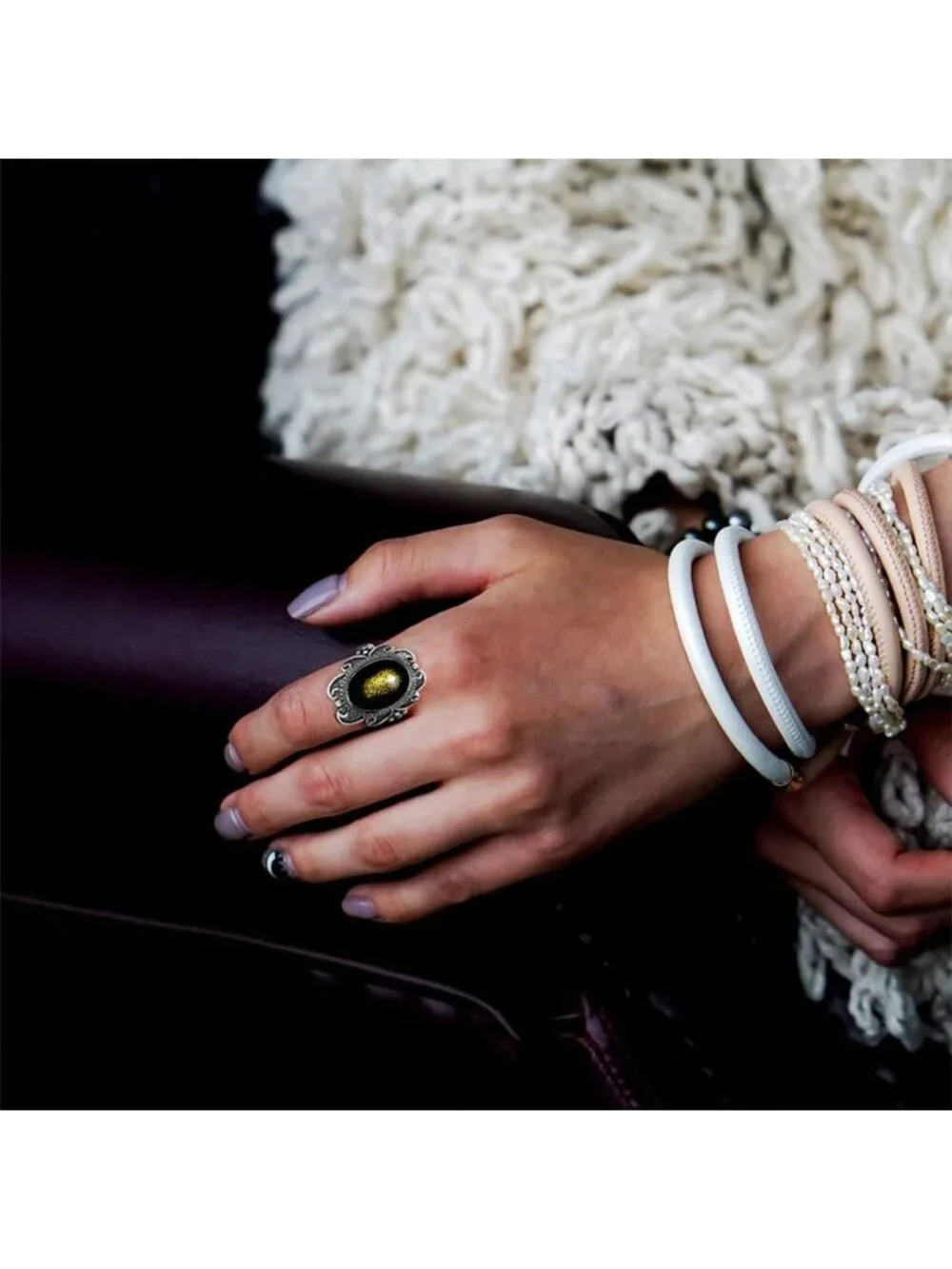 Vintage Black Obsidian Flower Ring for Women | S925 Sterling Silver Bohemian