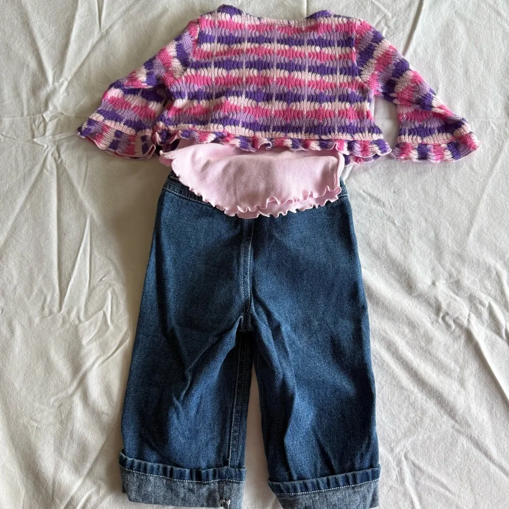 Little Lass Pink & Purple 3 Pc Kids Matching Jeans Set Cami Cardigan Size 24 Mo
