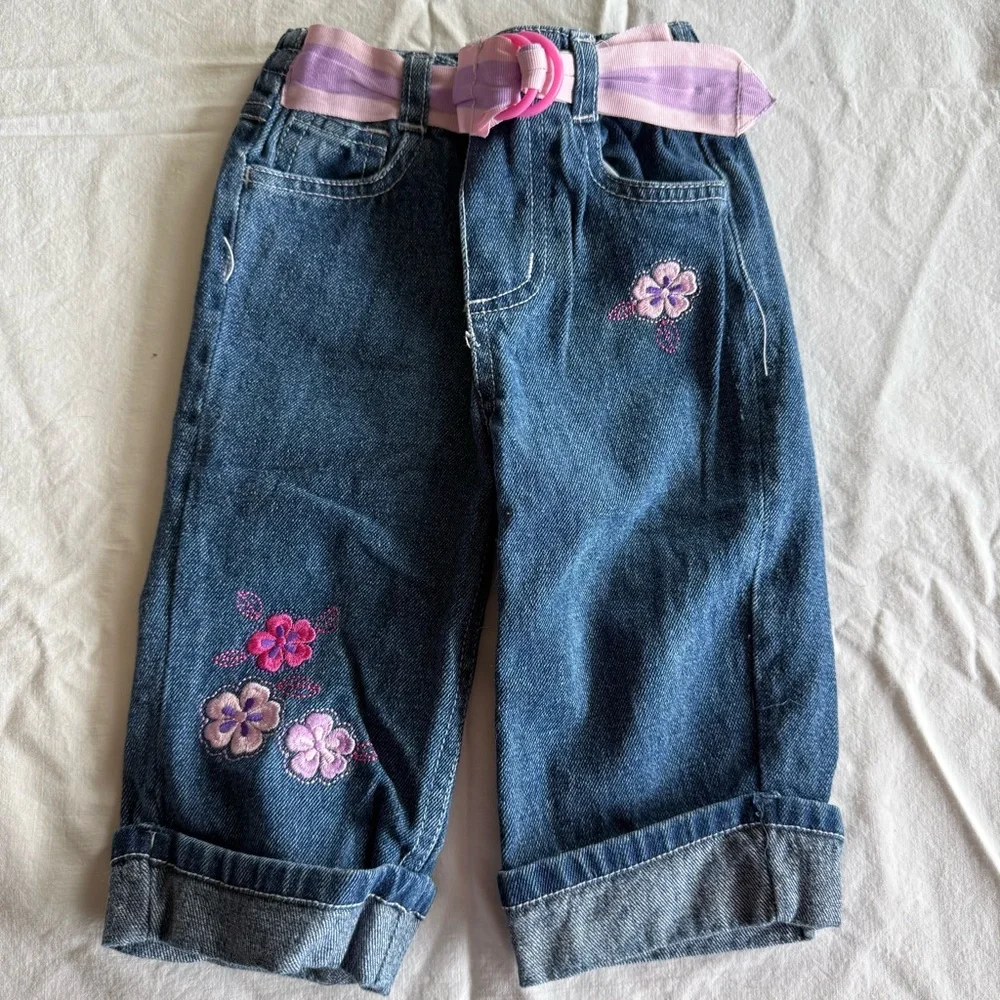 Little Lass Pink & Purple 3 Pc Kids Matching Jeans Set Cami Cardigan Size 24 Mo