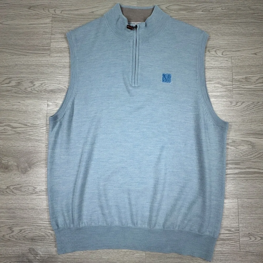 Peter Millar Mens Sweater Vest Quarter‎ Zip Light Blue Large 100% Merino Wool