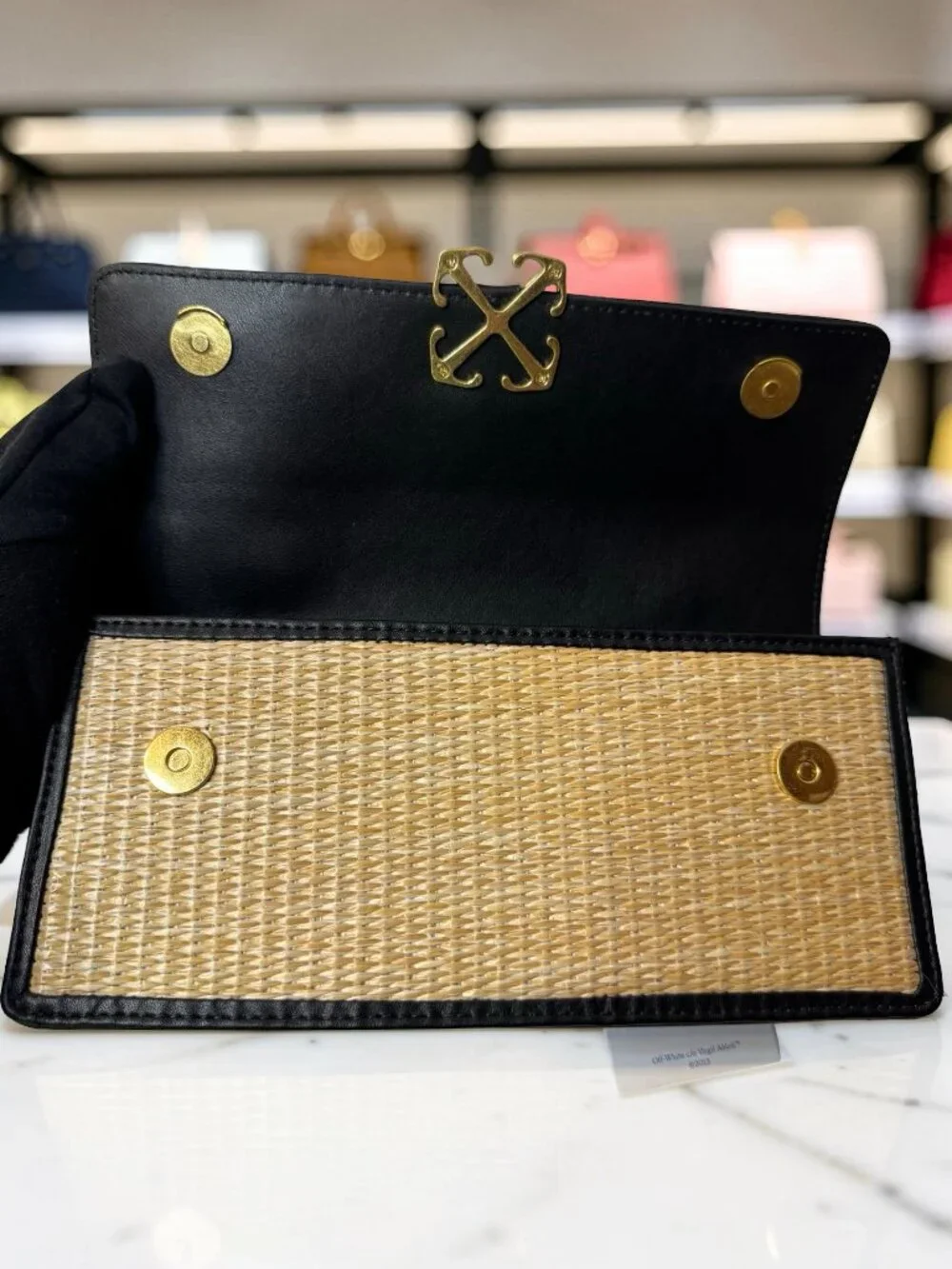 Off White Raffia Top Handle Crossbody Bag Natural Black Gold Arrow NWT