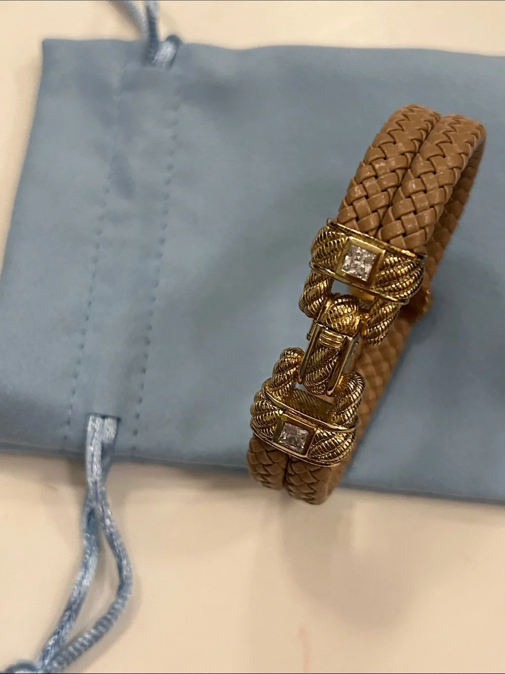 Judith Ripka vintage braided tan vegan leather bracelet. CZ stones.