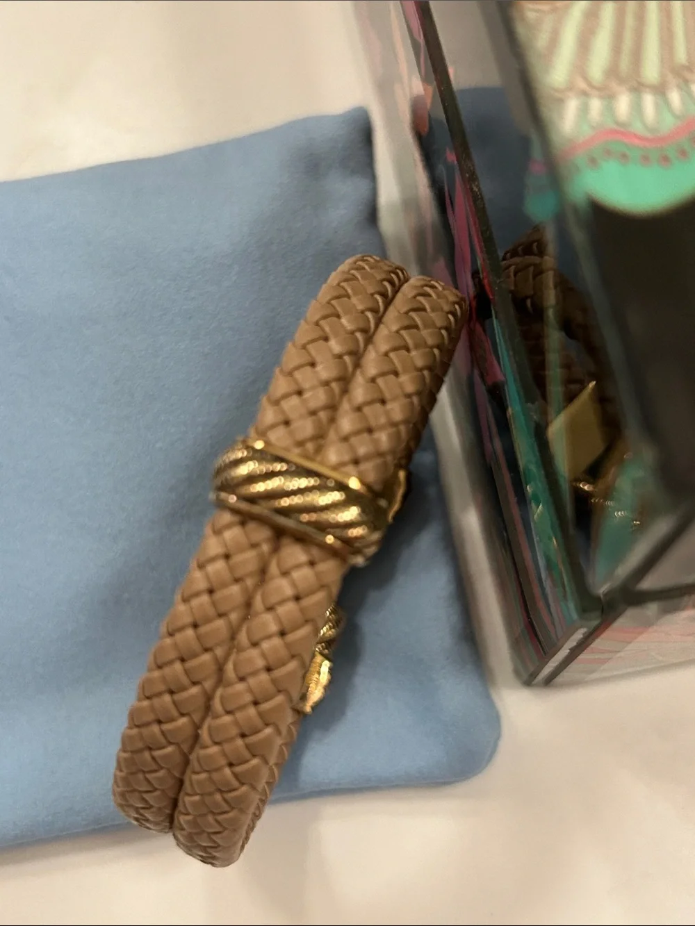 Judith Ripka vintage braided tan vegan leather bracelet. CZ stones.