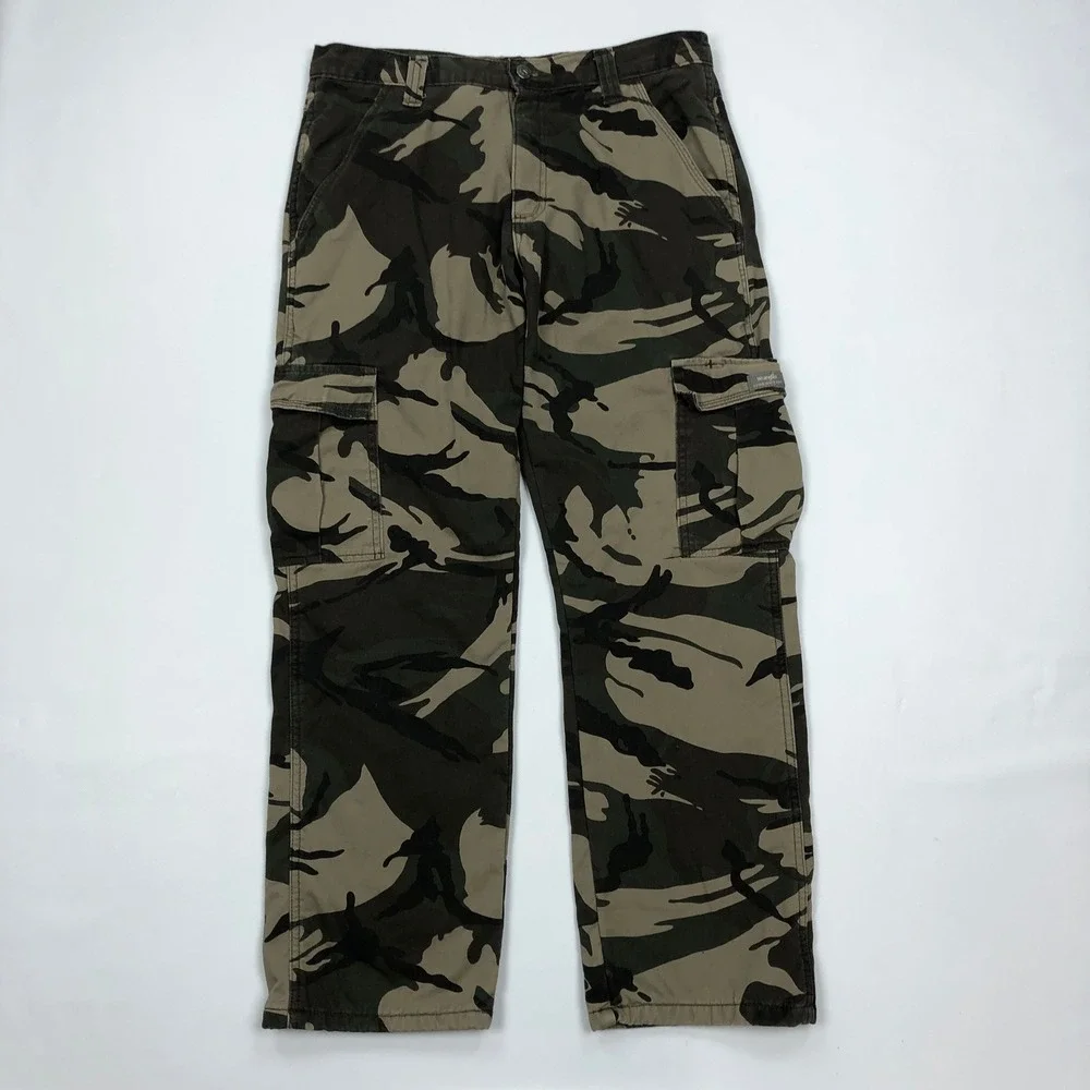 Wrangler Mens Relaxed Fit Fleece Lined Camo Cargo Pants 32x30 Green Brown