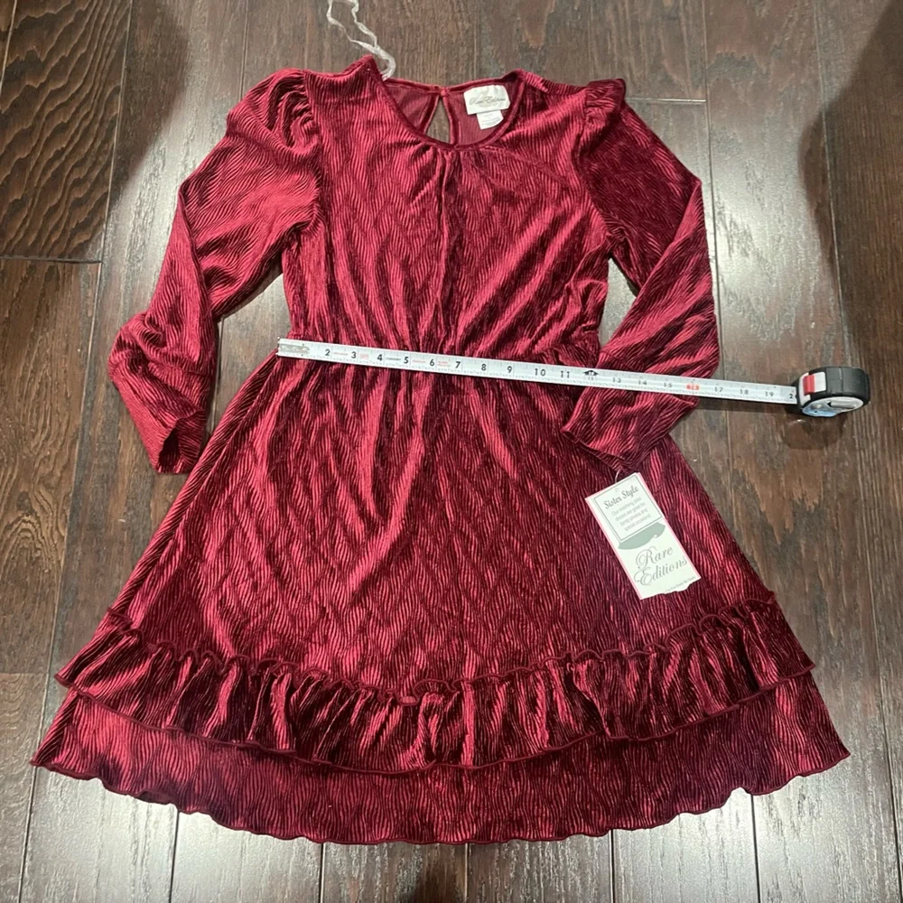 Rare Editions Textured Velvet Tiered Dress Girls Size 10 Burgundy Holiday NEW