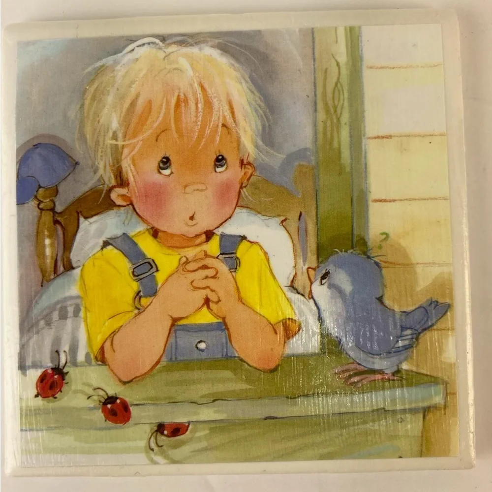 Little Blessings Ceramic Coaster Set of 6 Art Tile Handmade Decoupage