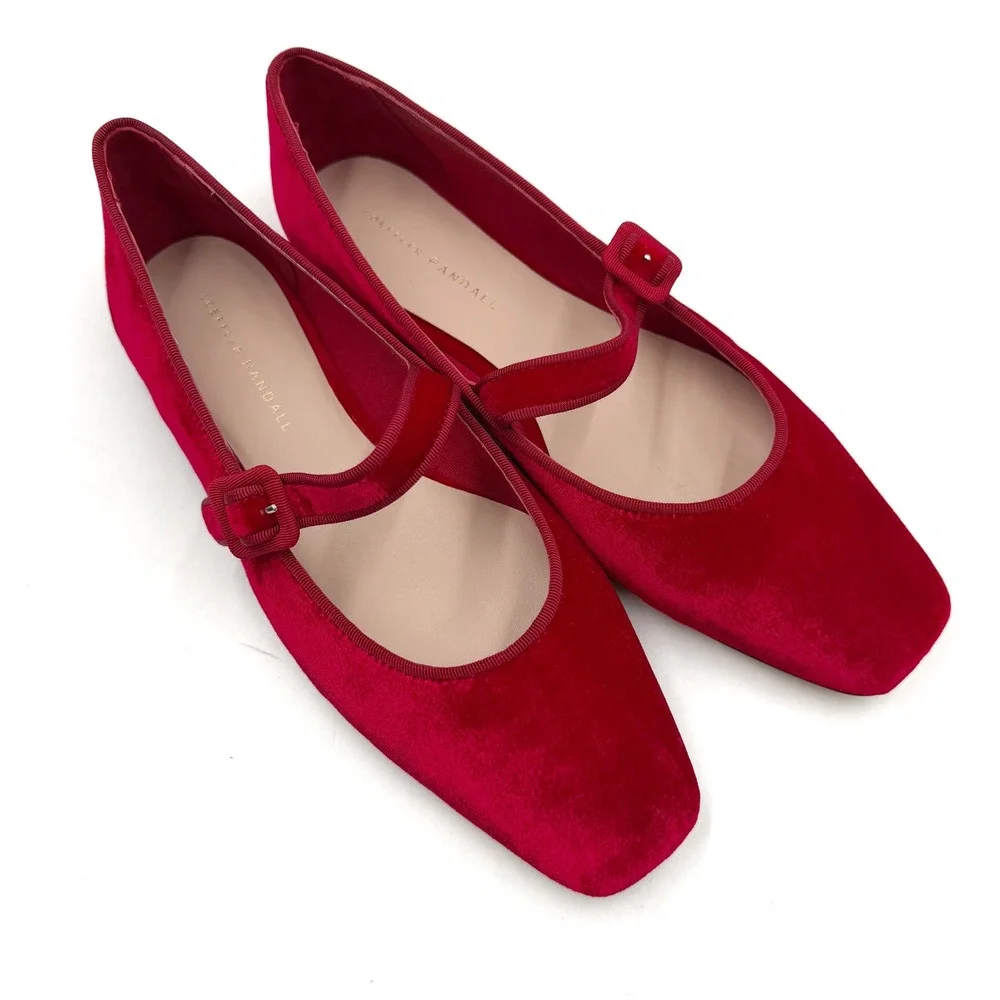 Loeffler‎ Randall Ginger Red Velvet Mary Jane Flats Square Toe Ballet Sz 9
