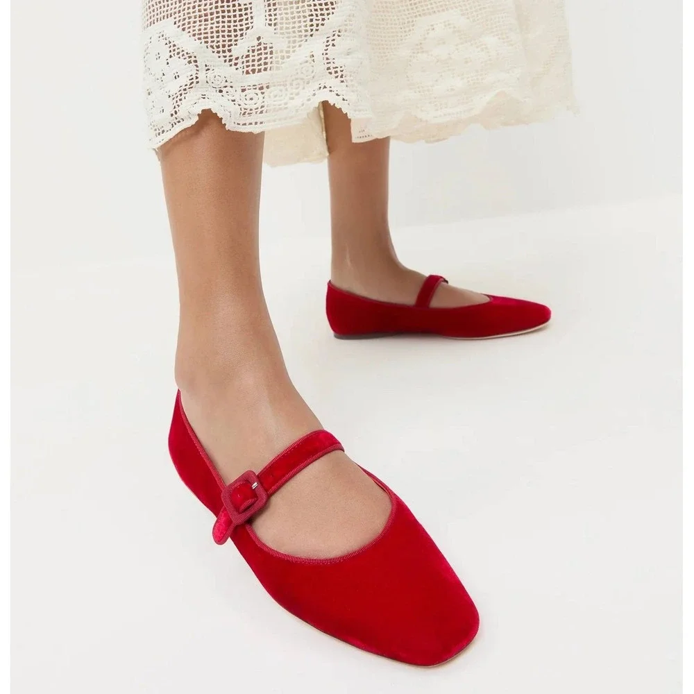 Loeffler‎ Randall Ginger Red Velvet Mary Jane Flats Square Toe Ballet Sz 9