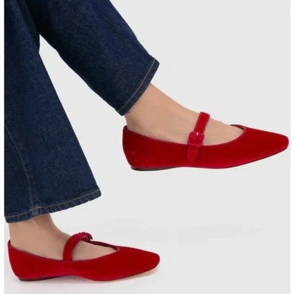 Loeffler‎ Randall Ginger Red Velvet Mary Jane Flats Square Toe Ballet Sz 9