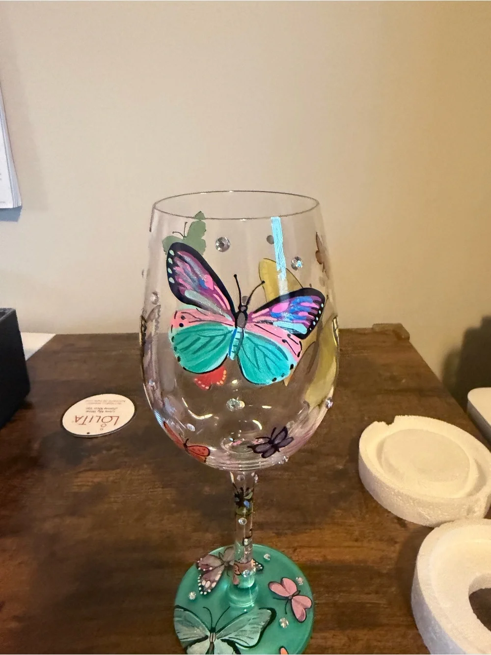 Lolita Hand-Painted Butterfly Wishes Wine Glass in Teal, Yellow, Pink