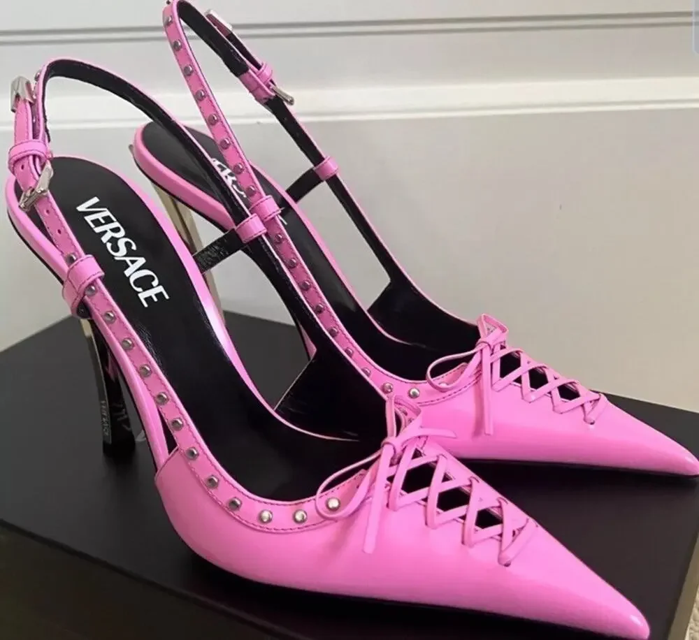 $1575 Sz EU 41 US 11 Versace Lace Slingback Pink Heels Leather