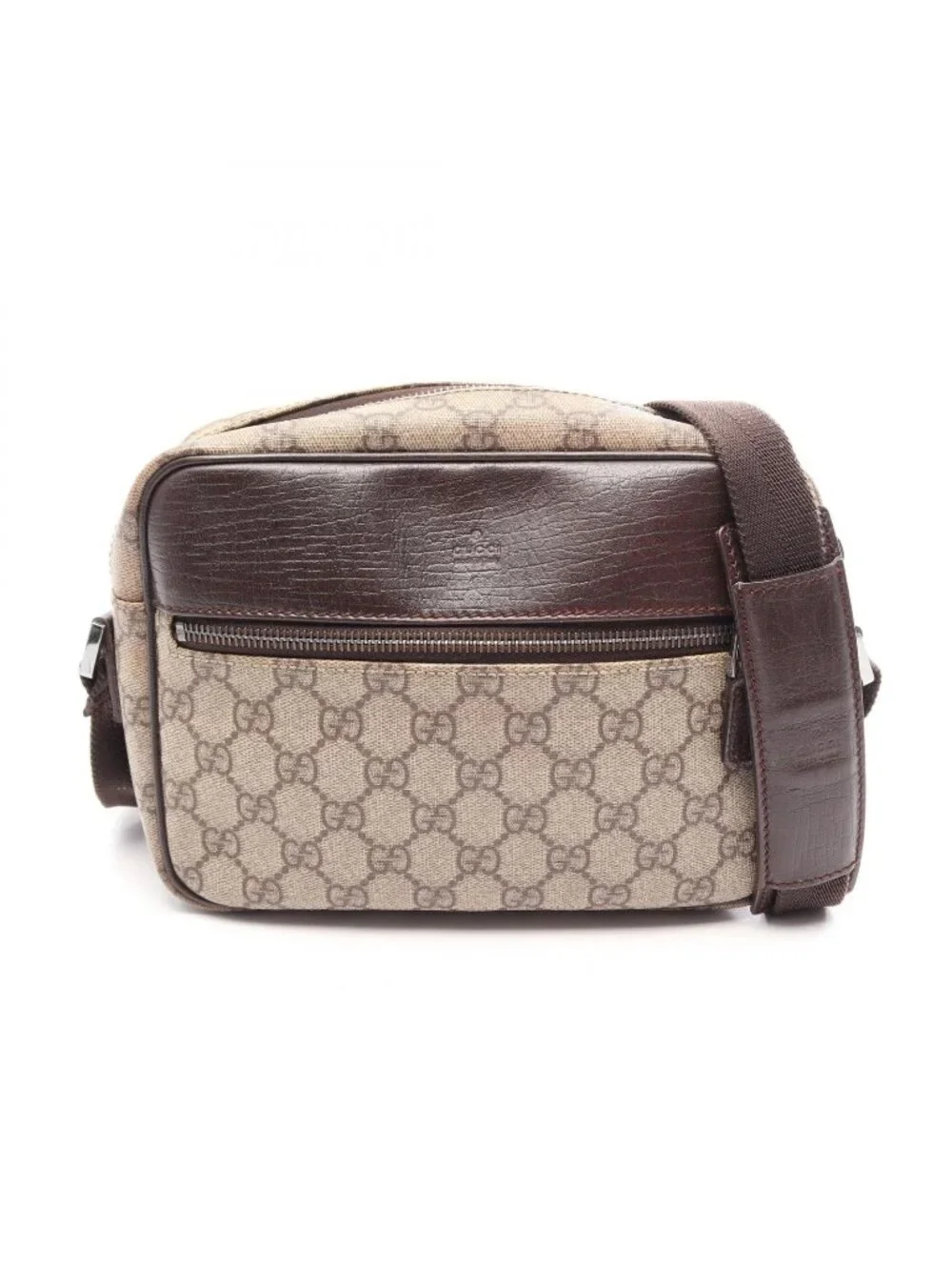 Gucci Shoulder Bag GG Plus Beige Brown Co Ting Canvas Leather Split