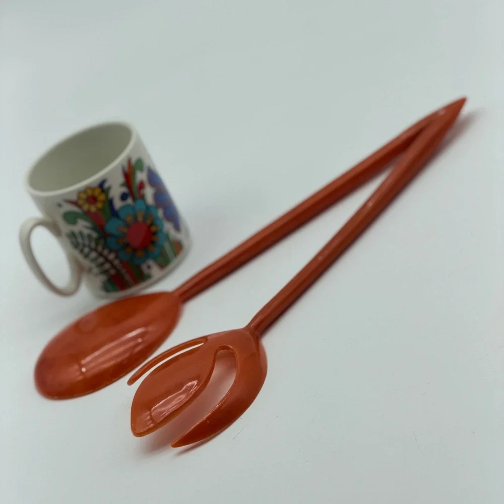 Vintage MCM Burnt Orange Lucite Salad Server Tulip Serving Spoon Fork Set 11.5in