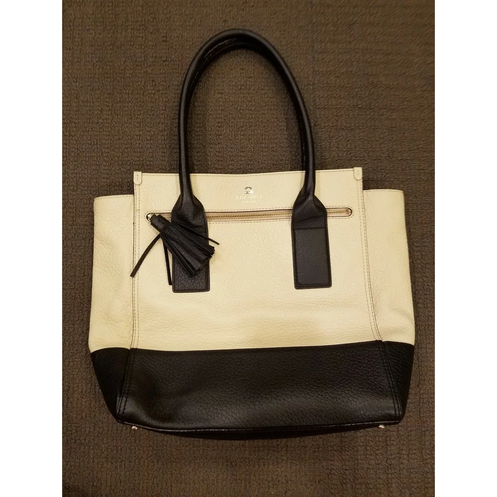 KATE SPADE New York Satchel Pebbled Leather Shoulder Handbag Black White
