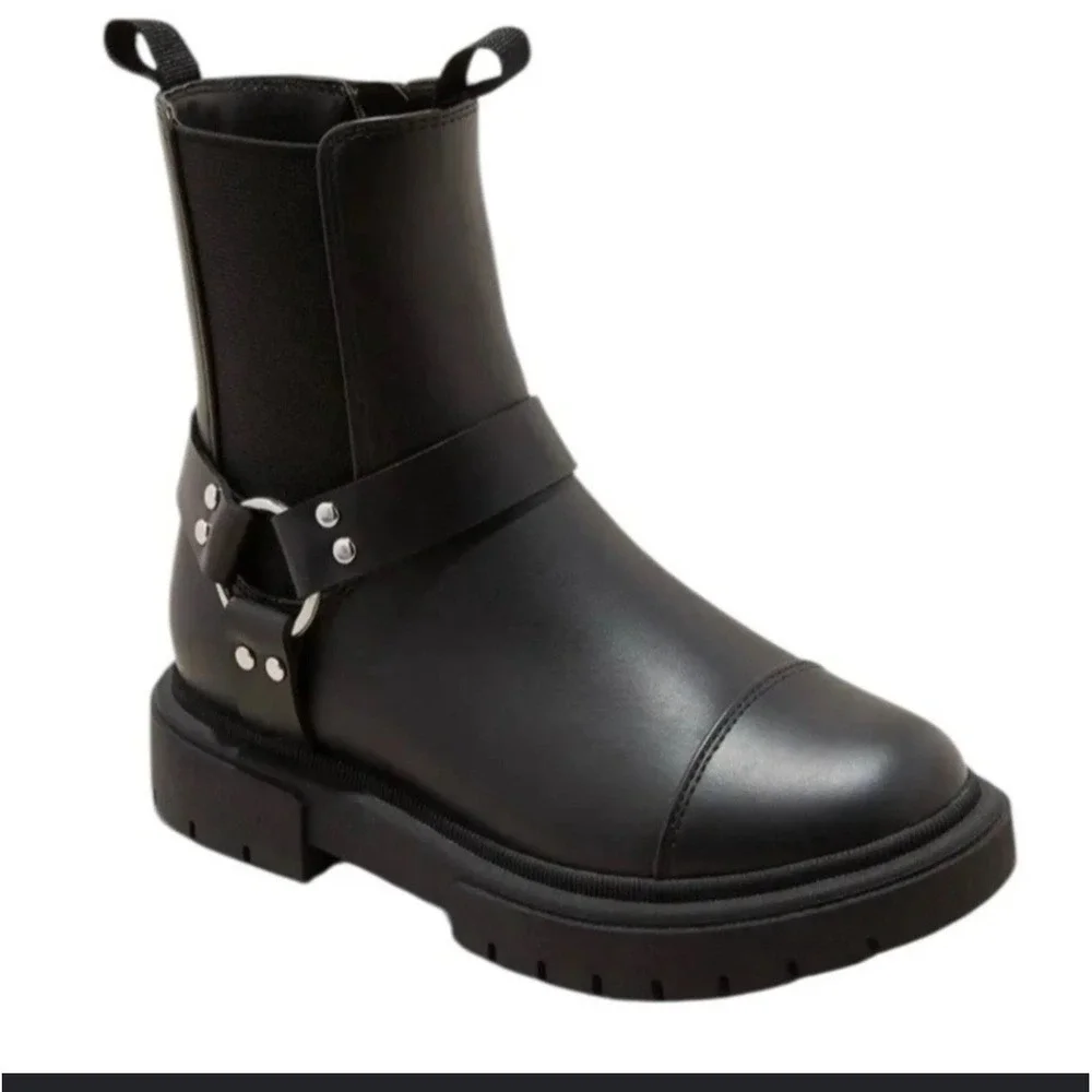 Art Class Kids Black Harness Moto Boots Chunky Lug Sole Side Zip Size 3 NEW