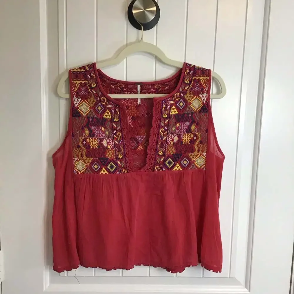 Free People Lohri Embroidered Sleeveless Tank Top Medium Boho Festival