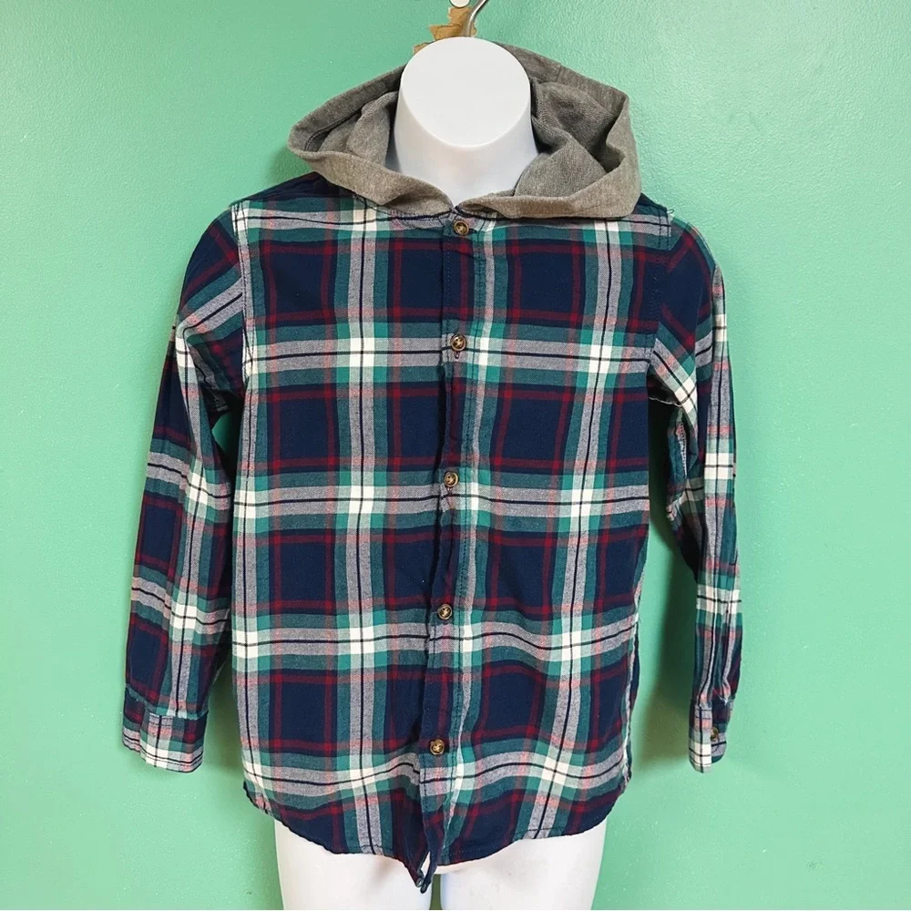 Carters Navy Blue & Gray Hooded Flannel Button Down Shirt Boys Size 8